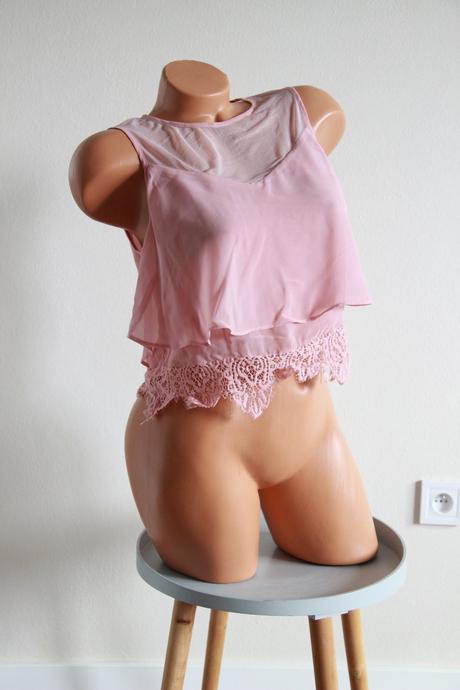 Ružový crop top s čipkou, xs/s, xs