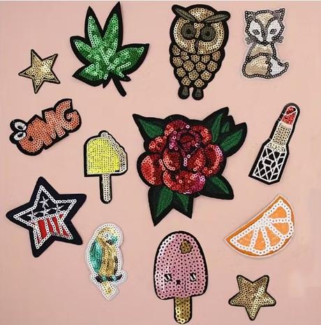 Pestré aplikácie s flitrami/nášivka/nažehľovačka, 