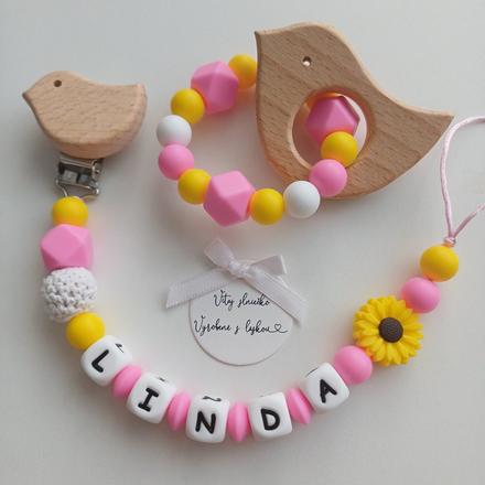 Retiazka na cumlík s menom a hryzadlo vtáčik, 