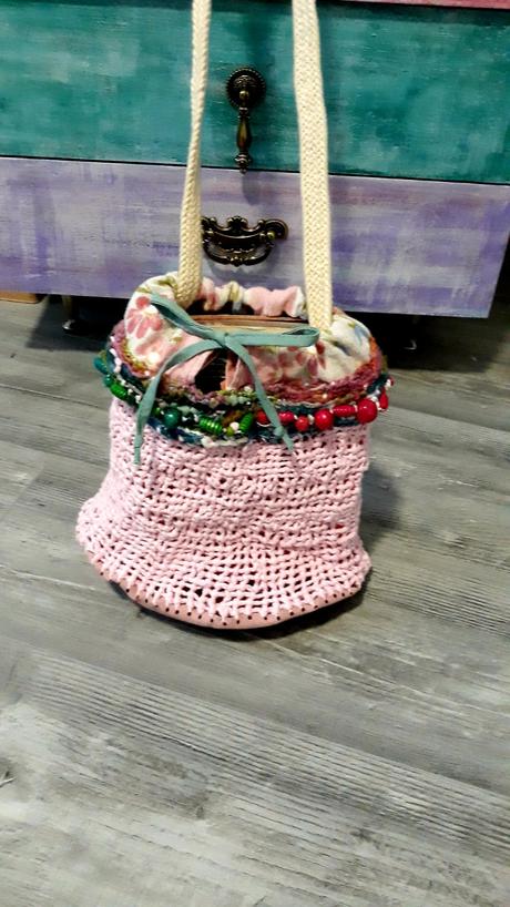 Pudrovo ružová taštička z bavlnenej hrubej priadze, 