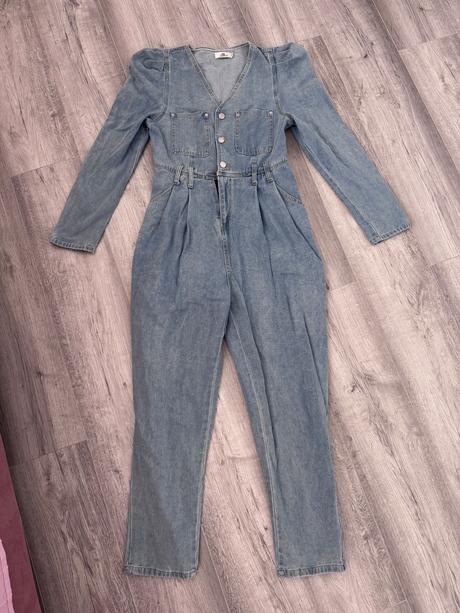 Denimovy overal s nariasenymi rukávmi, s