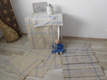 Tkané plátno ivory +krém +modrý prúžok +bábika,, 