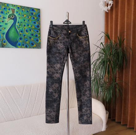 Štýlové skinny džínsy s mramorovým vzorom a zlatým, s