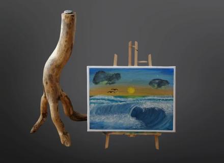 Ručne maľovaný obraz morská vlna, západ slnka,