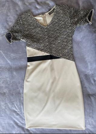 Omega béžové púzdrové šaty s koženkovým pásom, l