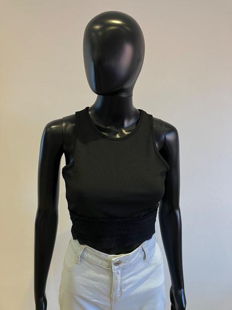 Dámske rebrované tričko s čipkou čierne shein (xs), xs