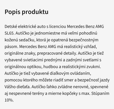 Elektrické autíčko mercedes benz amg sl65 lakovaná, 