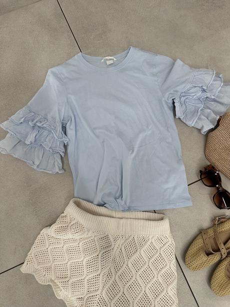Svetlomodré tričko s volánikmi na rukáve, h&m,xs