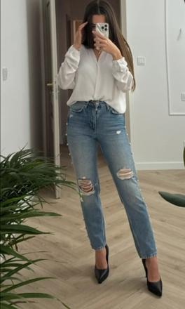 Rifle s perličkami vysoký pás, h&m,34