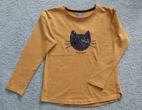 Žlte tričko s mačkou a flitrami, 128