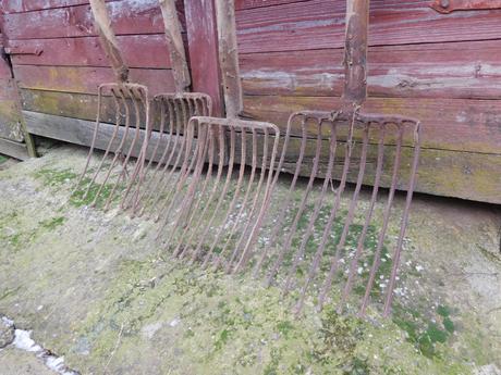 Staré náradie vidly s drevenou rukoveťou,,