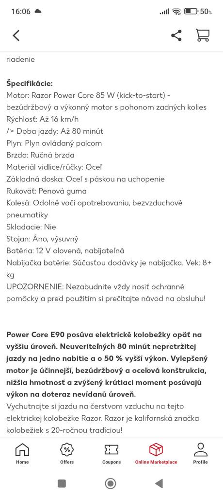 Detská elektrická kolobežka, razor