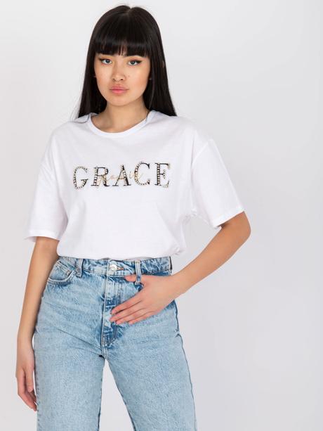 Biele bavlnené tričko s ozdobným nápisom, l / m / s