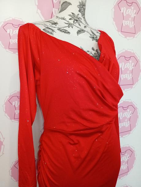 Červené trblietavé šaty s viazaním, 44