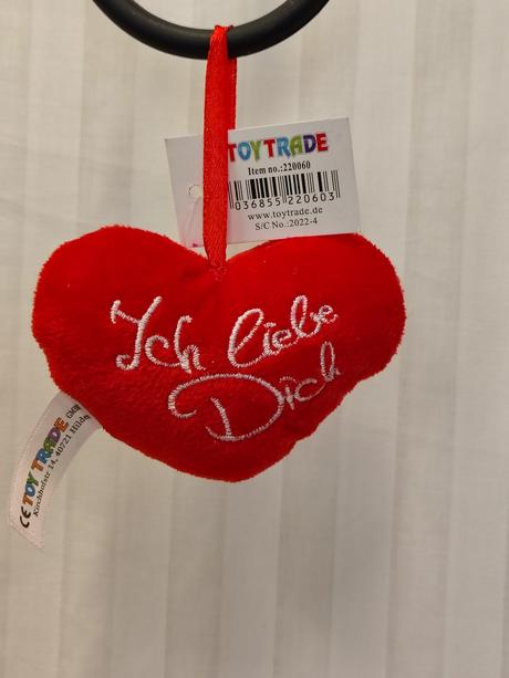 Plyšové srdiečko, nápis ich liebe dich, prívesok,