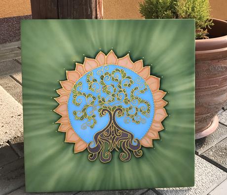 Ručne malovaná strom života na hodváb 41x41 cm, 