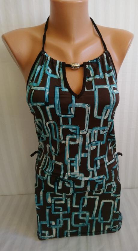 Dámsky elastický hnedý top s modrým vzorom bellani, s