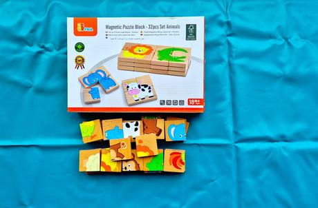 Viga puzzle magnetické zvieratká drevené 32 dielov, 