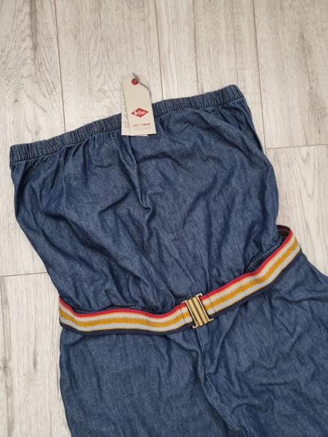 Džínsový overal bez ramienok s farebným opaskom, lee cooper,xl