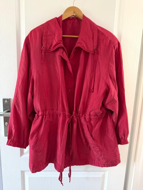 Hodvábna bunda parka vintage, malinovo červená,,