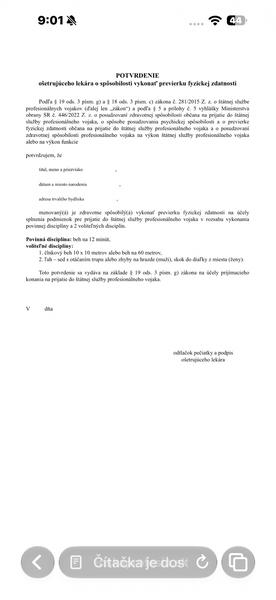 Potvrdenie lekára o spôsobilosti vykonať previerku fyzickej zdatnosti