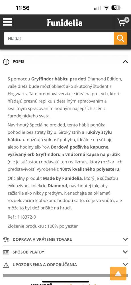 Harry potter plášť veľkosť 4-12, 