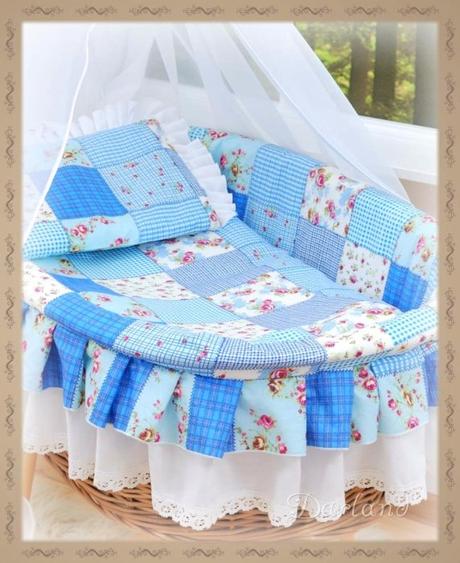 Kôš s výbavou - patchwork modrý -biela mos, šírka (cm): 40,dĺžka (cm): 70