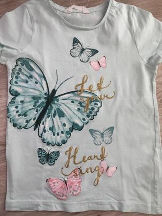 Tričko motýľ zelené 6-8 rokov, h&m,128