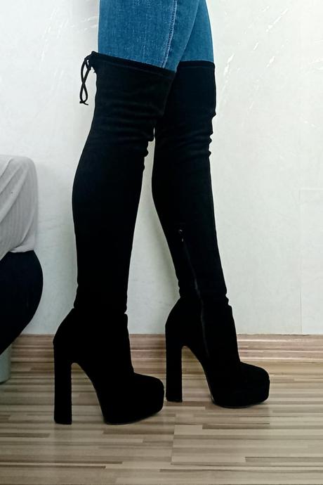 Dámske čierne semišové čižmy nad koleno - 36, 36