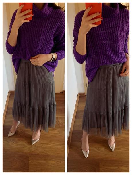 Krasny pletený rolakovy fialový sveter, f&f,s