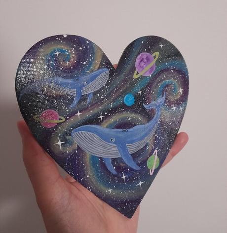 Akryl na platne srdce, vesmir, velrybky, 