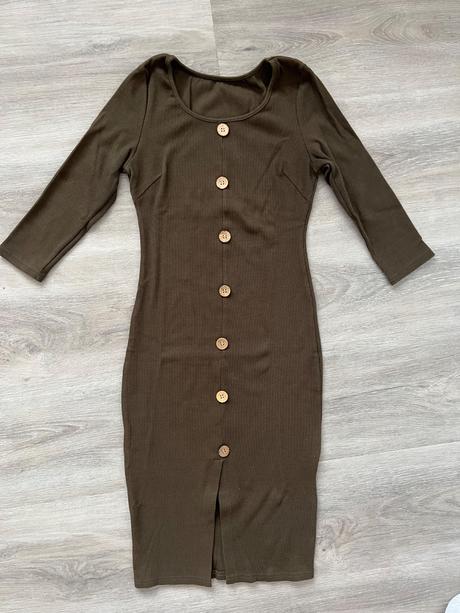 Rebrovane midi khaki elegantne obtiahnute saty, 36