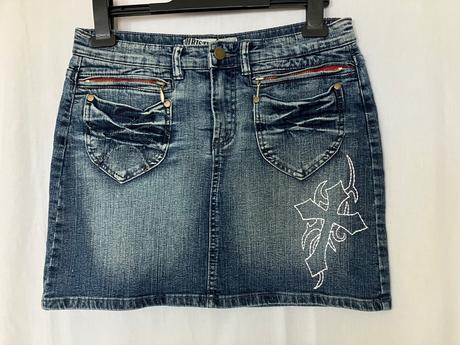 Dámska tmavomodrá rifľová minisukňa s výšivkou, 36 / s