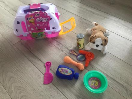 Psík v košíku s príslušenstvom,