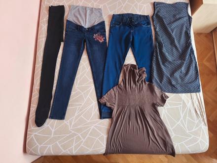 Tehot.obleč.(2x rifle,šaty+ rolák,pančuchy gratis), 36