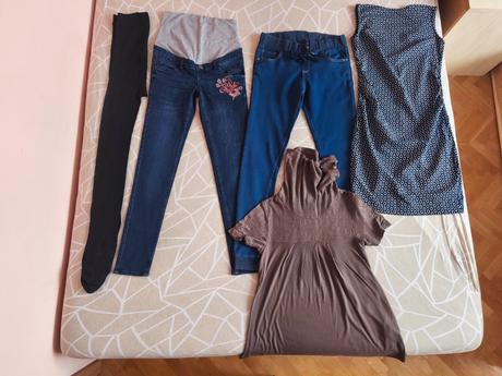 Tehot.obleč.(2x rifle,šaty+ rolák,pančuchy gratis), 36
