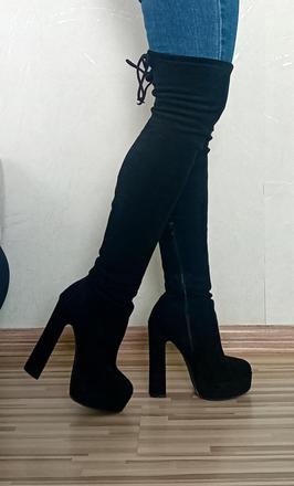 Dámske čierne semišové čižmy nad koleno - 36, 36