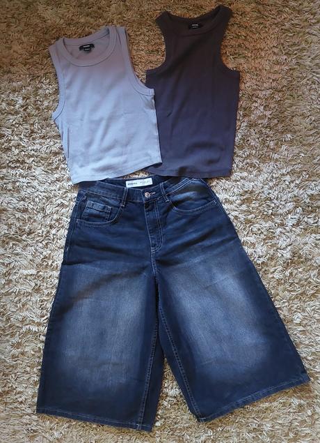 Denimove kratasy + 2x top, bershka,34