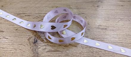 Ozdobná stuha 16 mm - srdiečka zlaté na ružovom, 