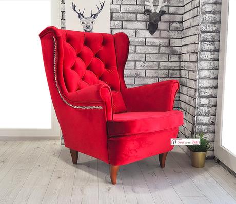 Kreslo velvet red s ozdobou,