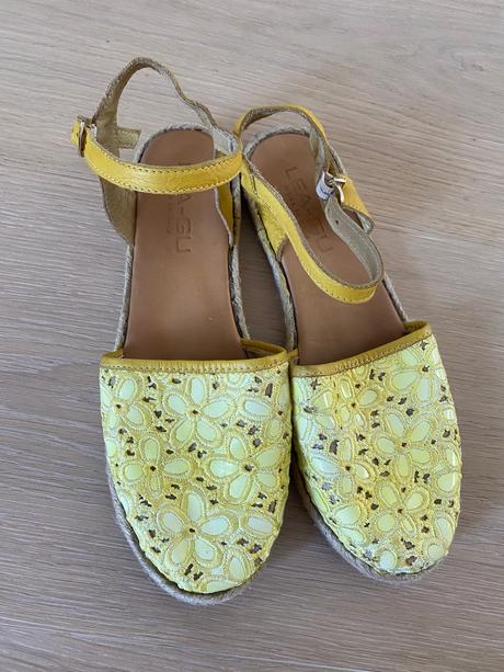 Žlté letné kožené espadrilky s otvorenou pätou, 38