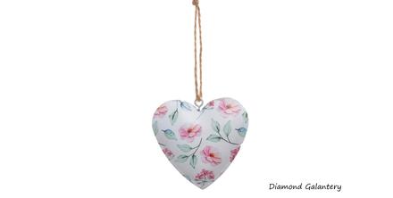 Srdce závesené kovové - biele kvety - 65x70 mm,