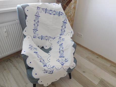 Set obrusov, modrý vzor na bielom plátne, 