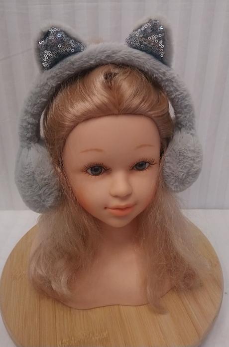 Sivé zimné klapky na uši pre dievčatá, mačička,