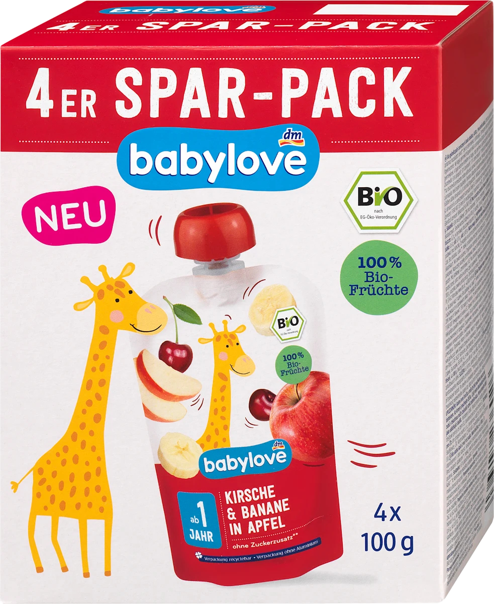 babylove ovocná kapsička čerešňa & banán v jablkách, 4 x 100 g