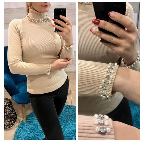 Dámsky béžový rebrovaný rolák s perličkami (uni), l / m / s