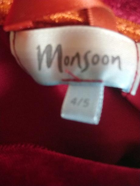 Dievčenské červené zamatové šaty, monsoon, 104-110, monsoon,110