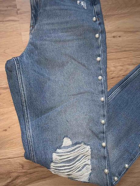 Rifle s perličkami vysoký pás, h&m,34