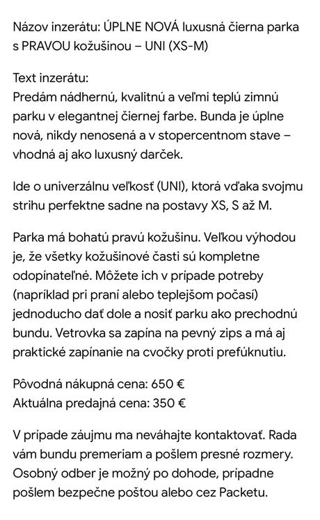 Nová luxusna parka s kožušinou veľkosť uni xs -m, m / xs