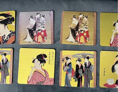 Vintage ukiyoe japanese coaster set of 8 geisha gi, 
